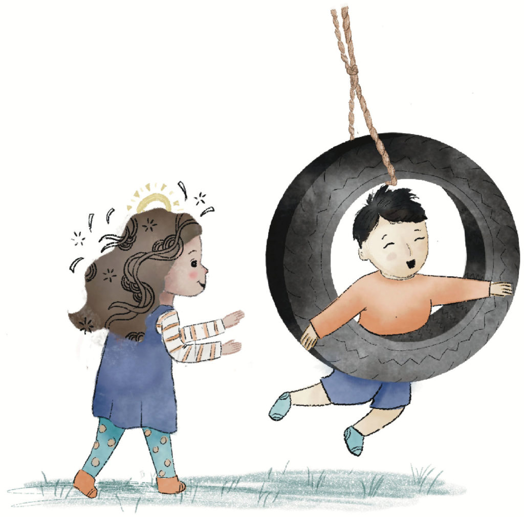 Illustration of kids playing in a tire swing