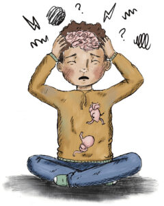 Illustration of anxious boy sitting cross-legged with his hands on his head