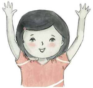 Illustration of a girl smiling and holding her hands up.